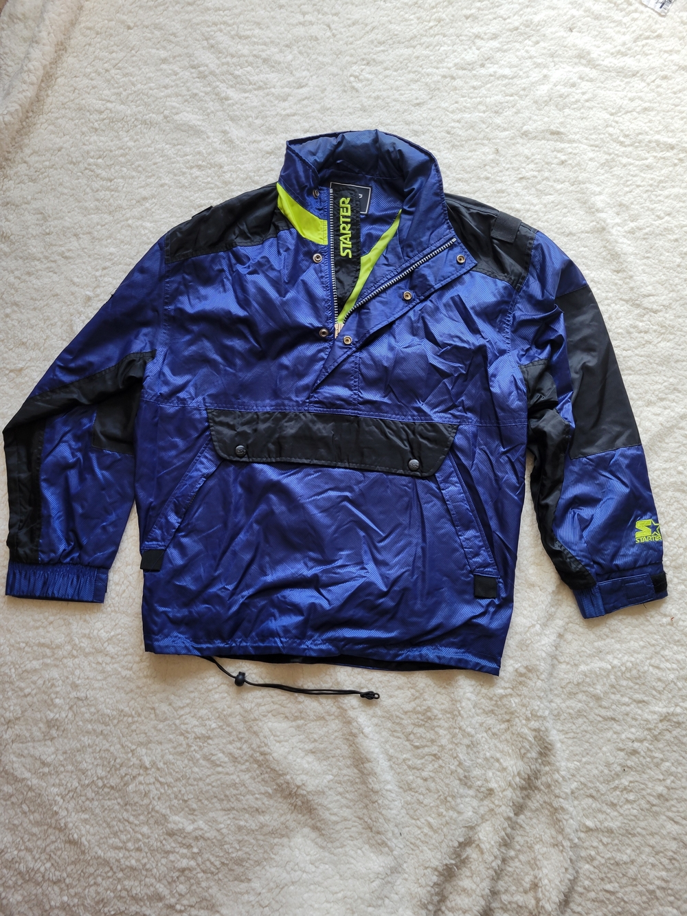 STARTER Royal Blue and Black Pullover Windbreaker Jacket with Lime Accents
